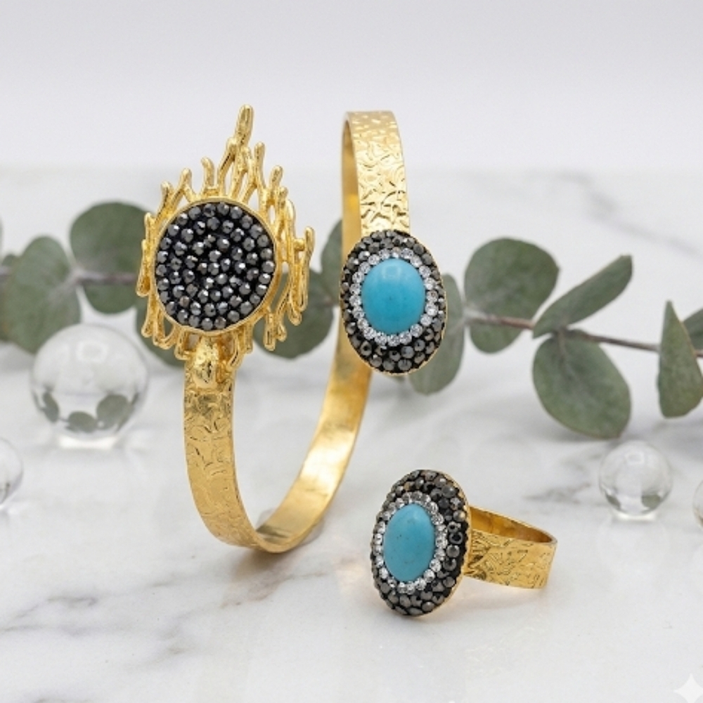 18K Gold Plated Brass Turkish Turquoise & Hematite Cuff Ring Set Boho Artisan